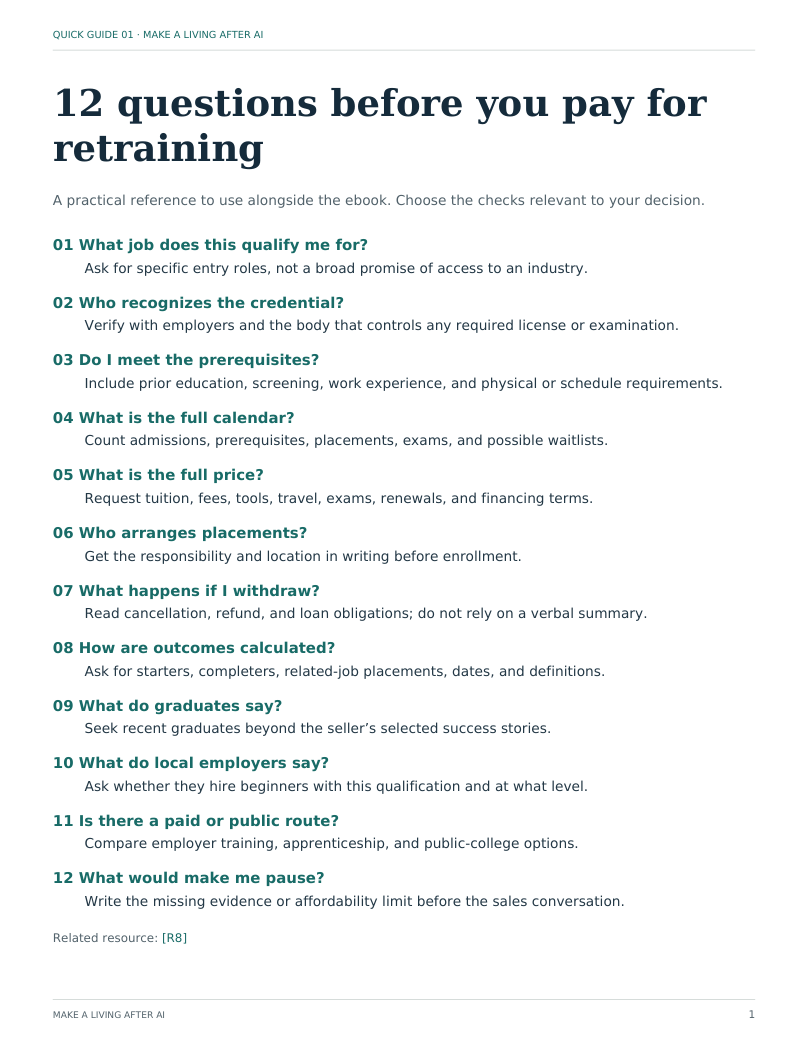 Actual quick guide with 12 questions to ask before paying for retraining