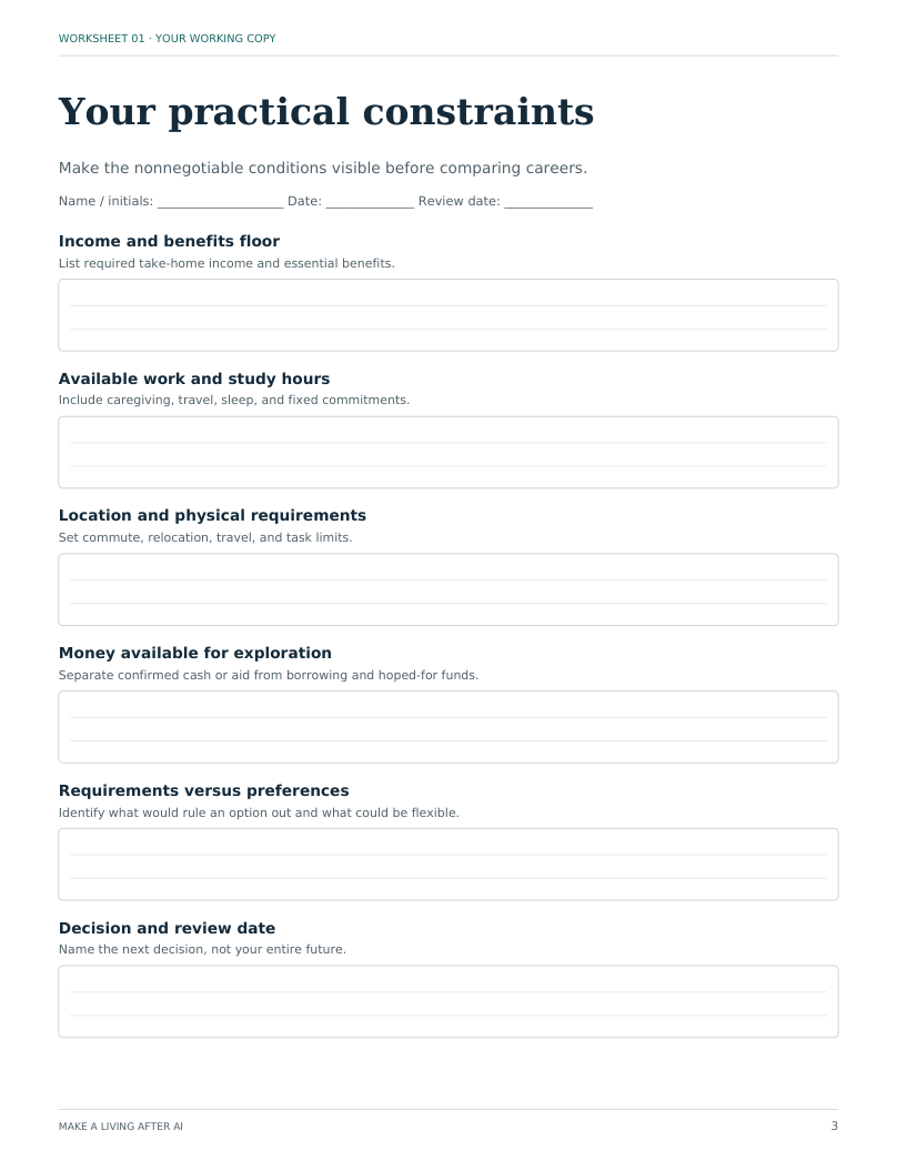 Actual printable worksheet for recording practical career constraints